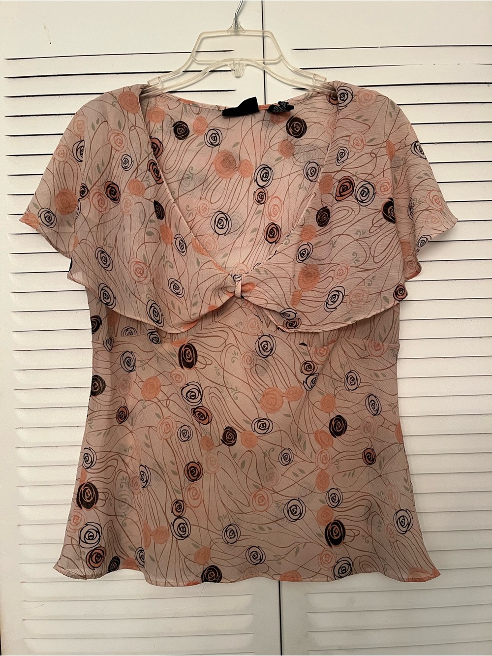 New York & Company Peach and Black Floral Knot-Front Blouse